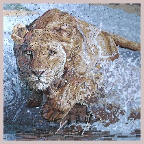 Mosaic lioness in the river